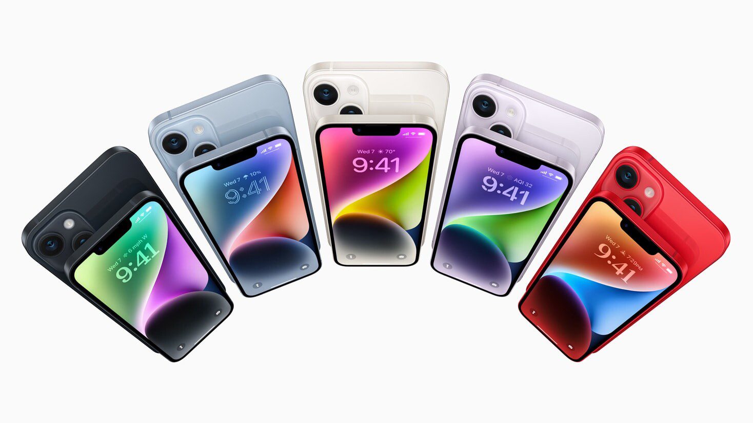 Ten iPhone 14 and iPhone 14 Plus devices arranged in an arc-like shape are shown.  