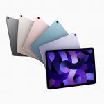 An iPad Air in space gray, starlight, pink, blue, and purple.,