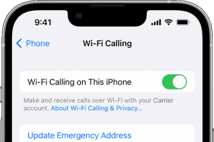 An iPhone showing the Wi-Fi Calling screen, with Wi-Fi Calling on This Phone turned on.  