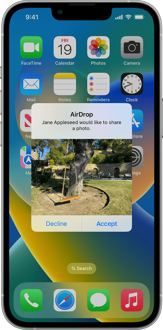 iPhone showing an incoming AirDrop, a photo of a tree swing, with options to decline or accept.  