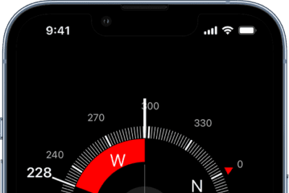 The Compass screen showing the direction iPhone is pointing, your current location, and elevation.  