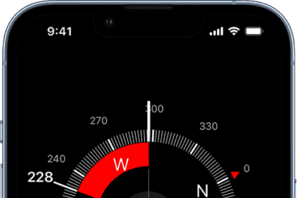 The Compass screen showing the direction iPhone is pointing, your current location, and elevation.  