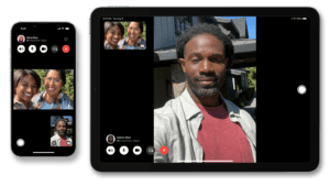 An iPhone next to an iPad. Both devices show ongoing FaceTime video calls.  