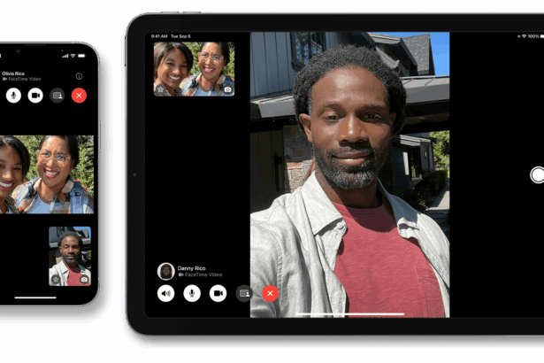 An iPhone next to an iPad. Both devices show ongoing FaceTime video calls.  