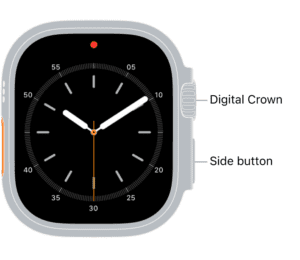 The front of Apple Watch Ultra, with the Digital Crown shown at the top on the right side of the watch and the side button shown at the bottom right.  