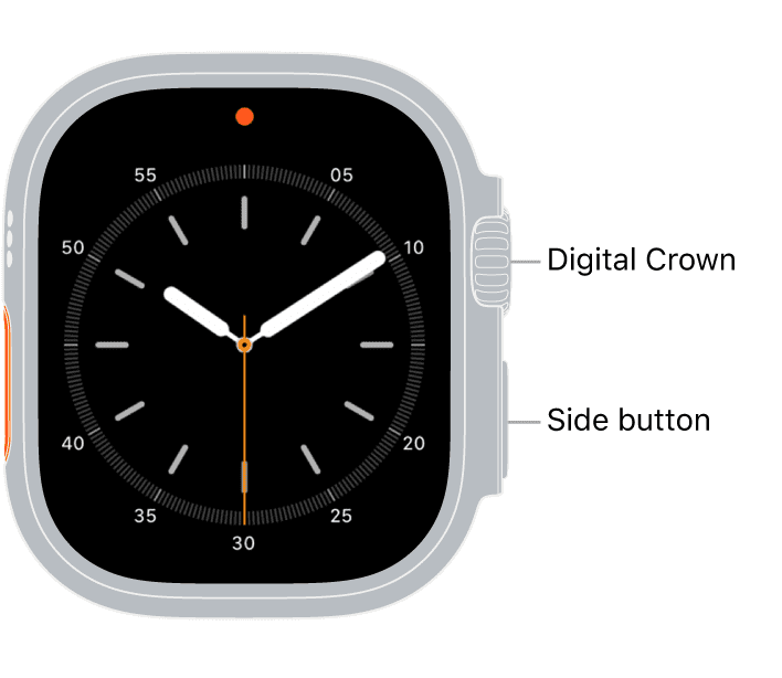 The front of Apple Watch Ultra, with the Digital Crown shown at the top on the right side of the watch and the side button shown at the bottom right.  