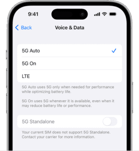 Screenshot showing Voice & Data preferences  