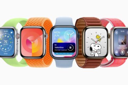 Five Apple Watch devices show features in watchOS 10, including a new Smart Stack and two additional watch faces.