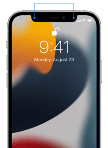 An iPhone with lines pointing to the TrueDepth camera, two spots at the top of screen, one on each side of the center notch.  