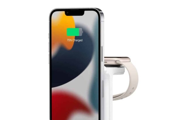 An iPhone on a wireless charger