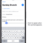 The onscreen keyboard is open in the Mail app. The Dictation button in the bottom-right corner of the screen is selected and the Dictation button appears below the insertion point in the text field.  