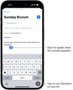The onscreen keyboard is open in the Mail app. The Dictation button in the bottom-right corner of the screen is selected and the Dictation button appears below the insertion point in the text field.  