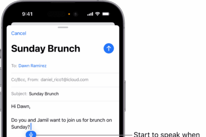 The onscreen keyboard is open in the Mail app. The Dictation button in the bottom-right corner of the screen is selected and the Dictation button appears below the insertion point in the text field.  