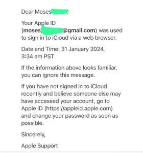 An email saying Your Apple ID was used to sign in to iCloud via a web browser