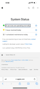 Screenshot showing Apple system status page