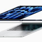 Two new MacBook Air devices are shown folded and angled from the side.