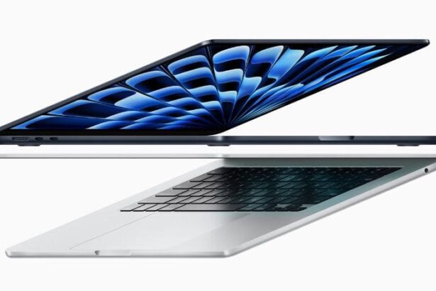 Two new MacBook Air devices are shown folded and angled from the side.