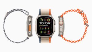 Three Apple Watch Ultra 2 devices are shown — two from the side, and one facing forward — against a white background