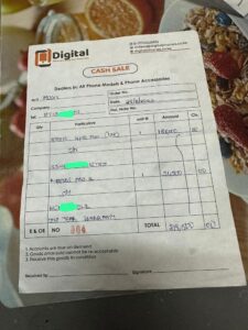 A receipt showing iPhone and AirPods purchase date