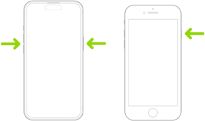 Illustrations of two different iPhone models with the screens facing up. The leftmost illustration shows the volume up and volume down buttons on the left side of the device and the side button on the right. The rightmost illustration shows the side button on the right of the device.  