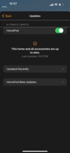 HomePod software update menu in the Home app