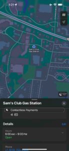 Apple Maps showing nearby gas stations that take Apple Pay