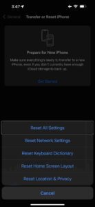 Reset All Settings option in iPhone settings