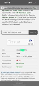 IMEI Pro website results: Find My iPhone, Simlock status, Blacklist status  