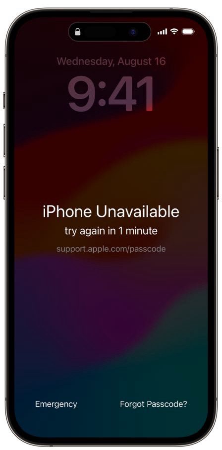 The iPhone Unavailable screen in iOS 17 or later includes a Forgot Passcode? option.  