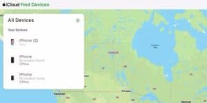 iCloud Find Devices showing two iPhones that are offline  