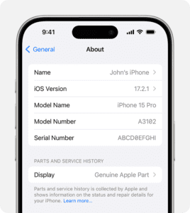 A screenshot showing genuine Apple part in iPhone settings