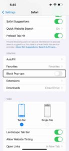Block Pop-ups option in Safari Settings on iPhone