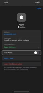 A screenshot showing hide alerts toggle in iPhone messages