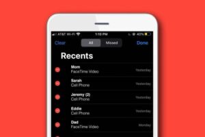 iPhone with a list of recent calls next to delete icons with the option to clear or remove phone call history