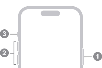 Line art of an iPhone 16 with numbers pointing to the buttons and controls.  