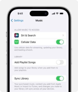 iPhone showing Sync Library turned on in Music Settings.  