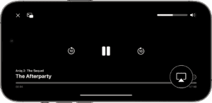 The AirPlay button appears emphasized in the lower-right corner of the screen on iPhone during video playback