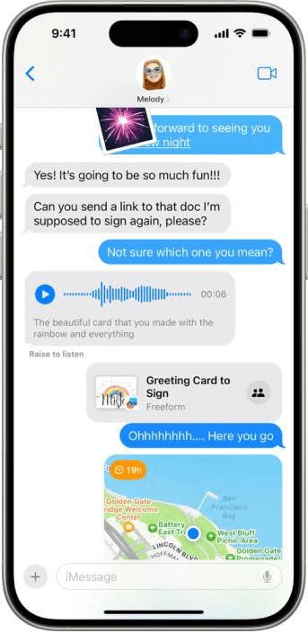 A Messages conversation showing iMessage features.