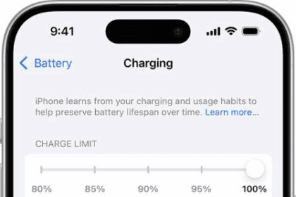 The Charging screen, with a slider for charge-limit options  