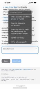 Select a reason for deleting your Apple account