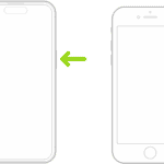 Illustrations of two different iPhone models with the screens facing up. The leftmost illustration shows the volume up and volume down buttons on the left side of the device and the side button on the right. The rightmost illustration shows the side button on the right of the device.  