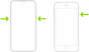 Illustrations of two different iPhone models with the screens facing up. The leftmost illustration shows the volume up and volume down buttons on the left side of the device and the side button on the right. The rightmost illustration shows the side button on the right of the device.  