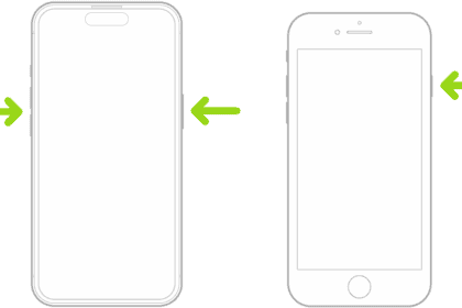 Illustrations of two different iPhone models with the screens facing up. The leftmost illustration shows the volume up and volume down buttons on the left side of the device and the side button on the right. The rightmost illustration shows the side button on the right of the device.  