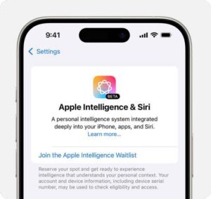 iOS 18 Settings for Apple Intelligence & Siri, with a waitlist option available