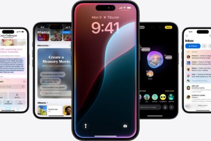 Static image of multiple iPhones showing Apple Intelligence features.  