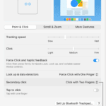 Trackpad options in System Settings showing the secondary click option set to Click with Two Fingers and the corresponding animation.  
