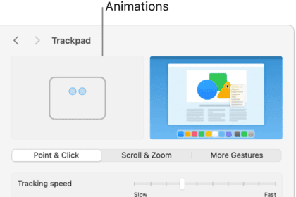 Trackpad options in System Settings showing the secondary click option set to Click with Two Fingers and the corresponding animation.  