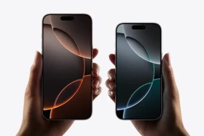 Two models, iPhone 16 Pro Max, iPhone 16 Pro, a hand holds each model, iPhone 16 Pro Max is taller and wider in the hand than iPhone 16 Pro, all screen display, Dynamic Island centered near top, rounded corners.
