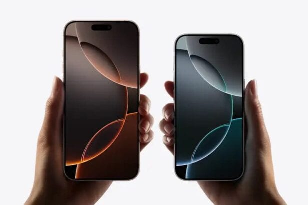 Two models, iPhone 16 Pro Max, iPhone 16 Pro, a hand holds each model, iPhone 16 Pro Max is taller and wider in the hand than iPhone 16 Pro, all screen display, Dynamic Island centered near top, rounded corners.  
