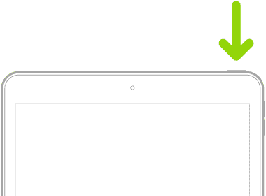 An iPad with a Home button. An arrows points to the top button.  